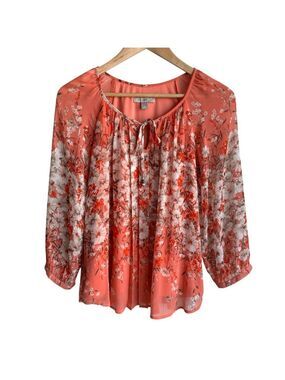 Roz & Ali Breezy Floral Top Sz S Peach 3/4 Sleeve Blouse Classy Boho Spring EUC